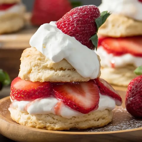 Un empilement de biscuits aux fraises avec de la crème fouettée.