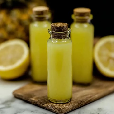Trois bouteilles de shots bien-être au jus d'ananas, coco, citron et gingembre.