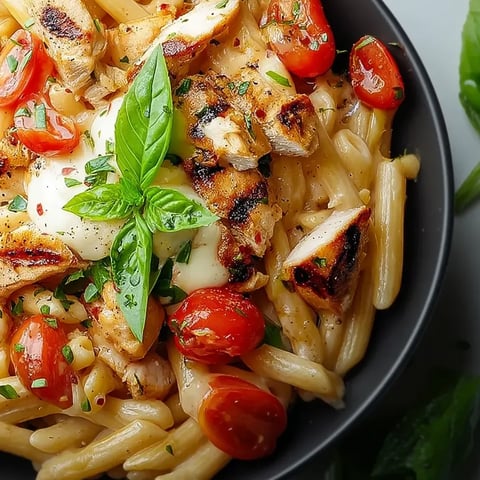Un bol de pâtes au poulet et mozzarella.