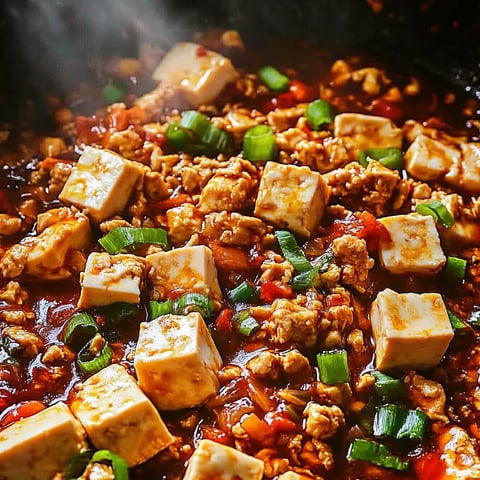 Un plat de Tofu Mapo avec des oignons verts.