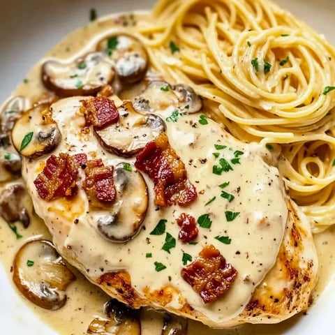 Une assiette de poulet aux champignons et bacon.