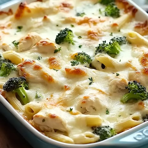 Un plat de gratin de poulet et brocoli alfredo.