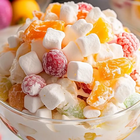 Un bol de salade de fruits avec des guimauves par-dessus.