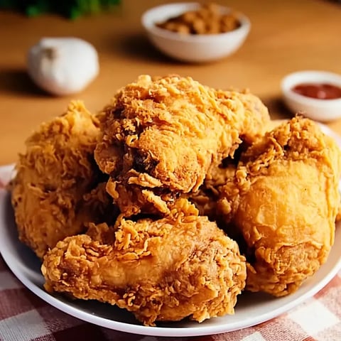 Une assiette de poulet frit avec un bol d'assaisonnement à côté.