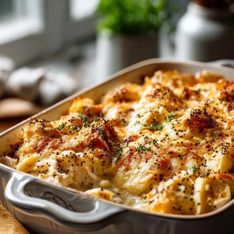 Un plat de gratin rempli de poulet et graines de pavot.