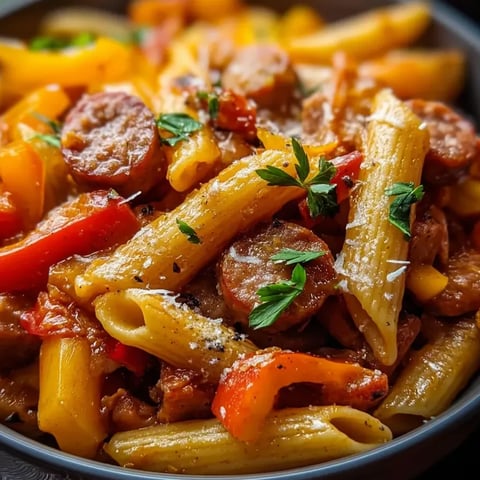 Un bol de pâtes avec saucisse et poivrons.