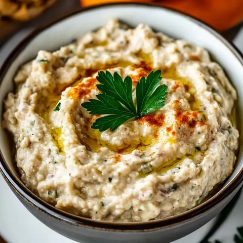 Un bol de Trempette Baba Ganoush avec une herbe verte par-dessus.