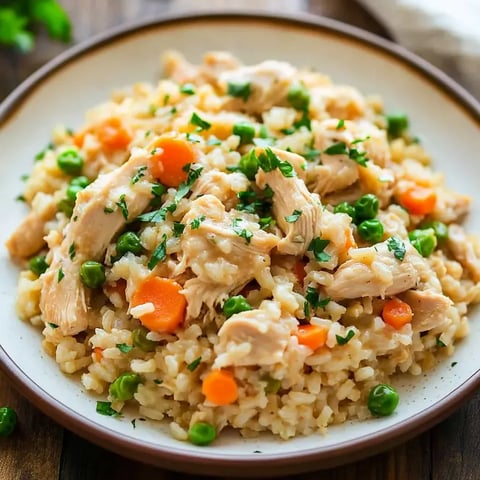 Un bol de riz avec du poulet et des petits pois.