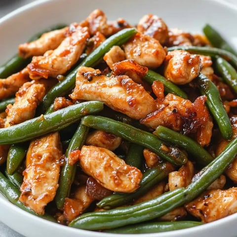 Une assiette de poulet avec des haricots verts.
