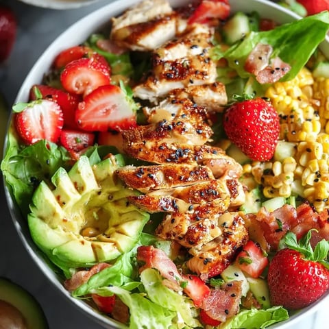 Un bol de salade de poulet avec fraises, maïs et laitue.