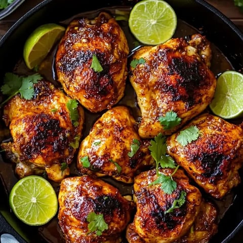 Une poêle de cuisses de poulet au citron vert et piment.