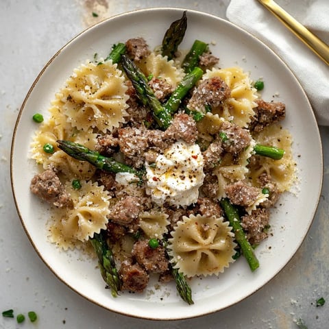 Une assiette de pâtes avec saucisse et asperges.