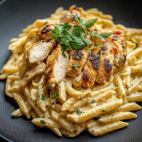 Une assiette de poulet et pâtes avec une garniture verte.