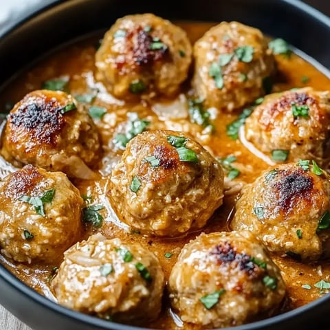 Un bol de boulettes dans une sauce brune.