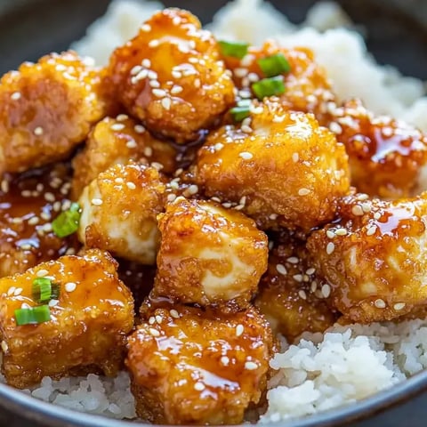 Un bol de tofu croustillant au miel et à l'ail.