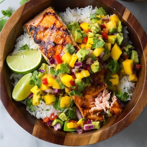 Un bol de saumon grillé avec salsa à la mangue.