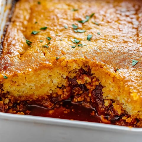 Un plat cuit avec une croûte de pain de maïs et une garniture de poulet BBQ.