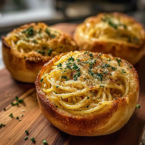Deux bols de spaghetti dans du pain à l'ail.