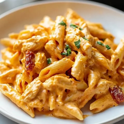 Une assiette de pâtes avec poulet et sauce.