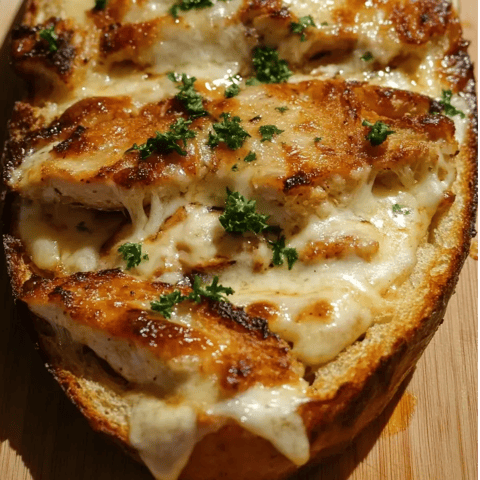 Une tranche de pain à l'ail avec du poulet Alfredo par-dessus.
