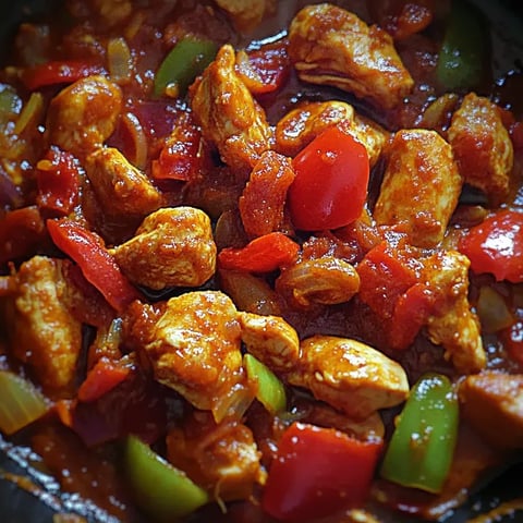 Un plat de poulet et poivrons dans une poêle.