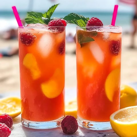 Deux verres de Limonade Framboise Pêche sur une table.