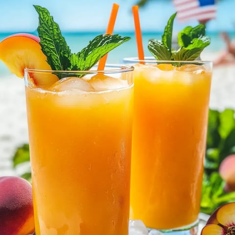 Deux verres de limonade aux pêches fraîche et sucrée.