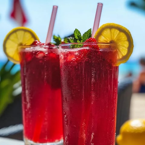 Deux verres de limonade aux fraises avec tranches de citron.