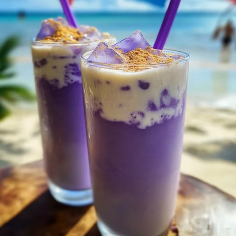 Deux verres de boisson pourpre avec des pailles.