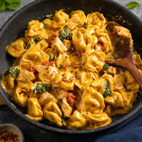 Un délicieux plat de tortellini au poulet.