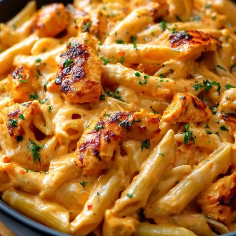 Un plat de penne buffalo ranch poulet prêt à servir, tout en un.
