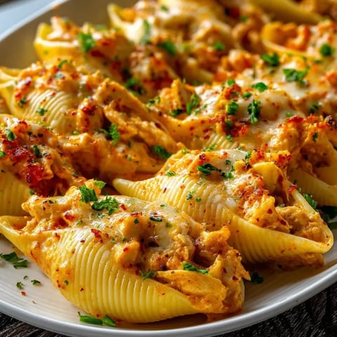 Une assiette avec des coquilles poulet cajun crémeuses.