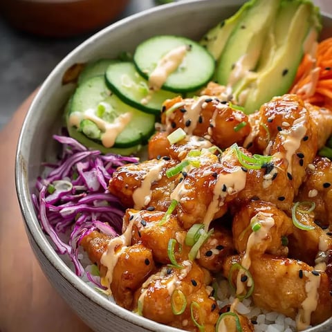 Un bol coloré avec du poulet croustillant, du riz moelleux et des légumes frais.