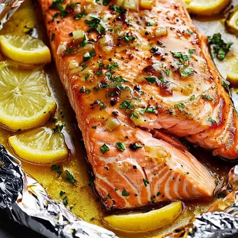 Une tranche de saumon avec rondelles de citron dessus.