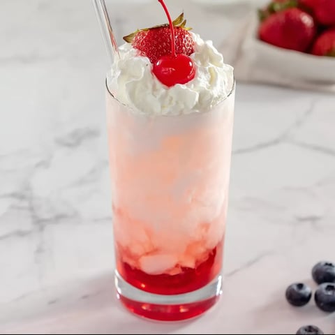 Un soda italien crémeux avec une cerise posée sur la mousse.