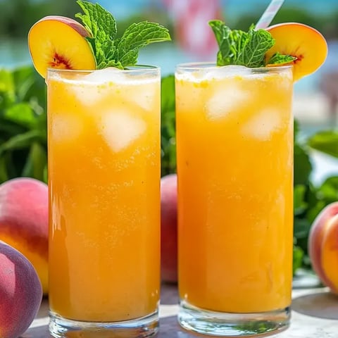 Deux verres de limonade pêche avec feuilles de menthe.