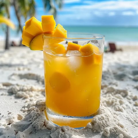 Un verre de limonade mangue-citron posé sur le sable.