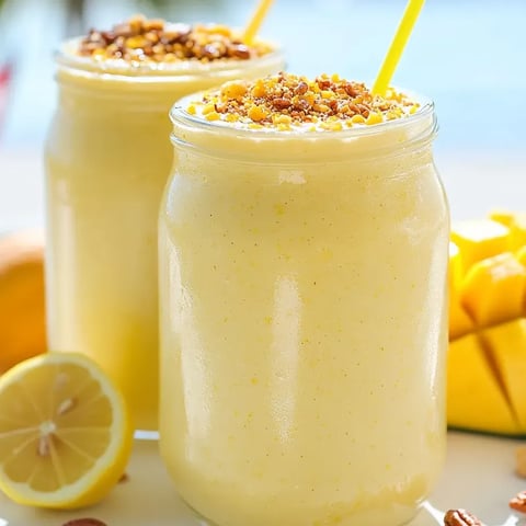 Deux verres colorés de smoothie façon cheesecake au citron.