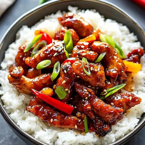 Un bol de Poulet Dragon accompagné de riz.