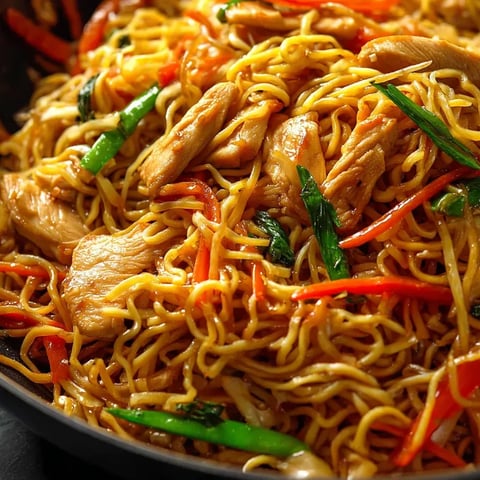 Bol de nouilles, poulet et légumes.