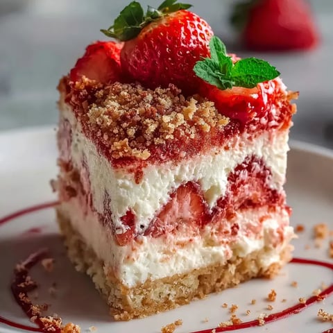 Une part de gâteau surmontée de fraises.