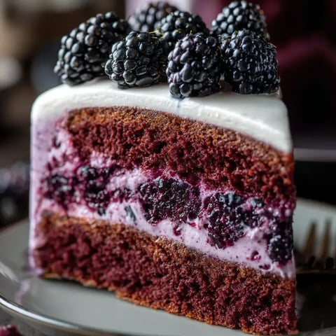 Part de gâteau rouge velours garnie de mûres fraîches.