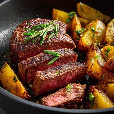 Une assiette de viande et pommes de terre.