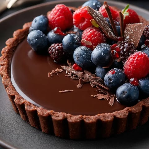 Part de tarte chocolat avec framboises posées dessus.