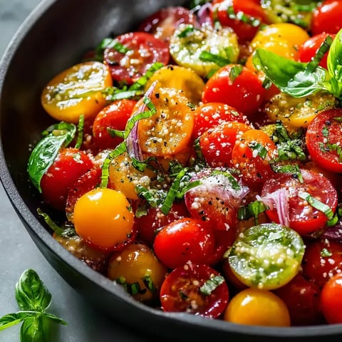 Bol coloré avec tomates, oignons et feuilles de basilic.