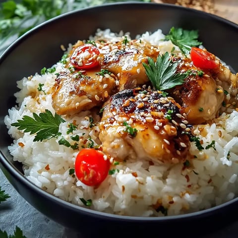 Bol de riz coco avec morceaux de poulet et tomates dessus.