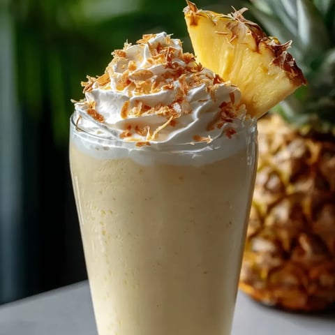 Un verre rempli d’un milkshake à l’ananas, décoré d’une tranche d’ananas sur le dessus.
