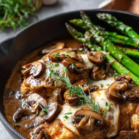 Une poêle avec des champignons et des asperges.
