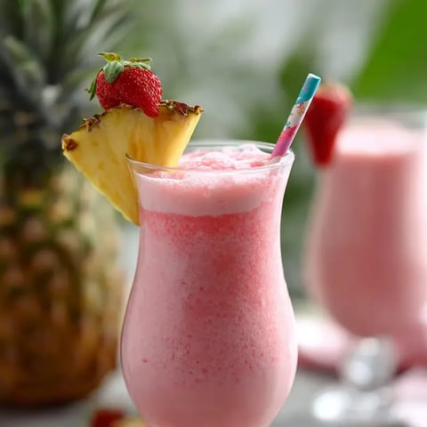Un verre de boisson rose avec une tranche d’ananas sur le dessus.