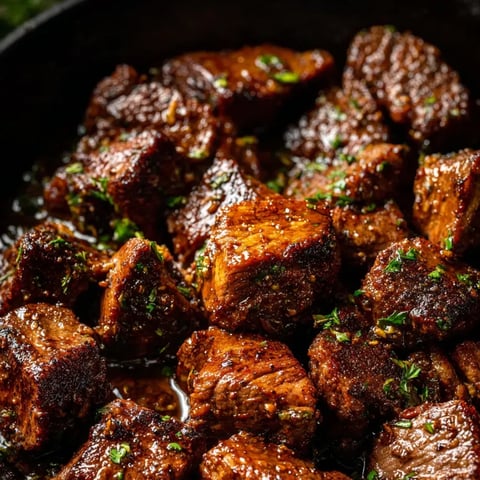 Zoom sur une poêle pleine de viande.